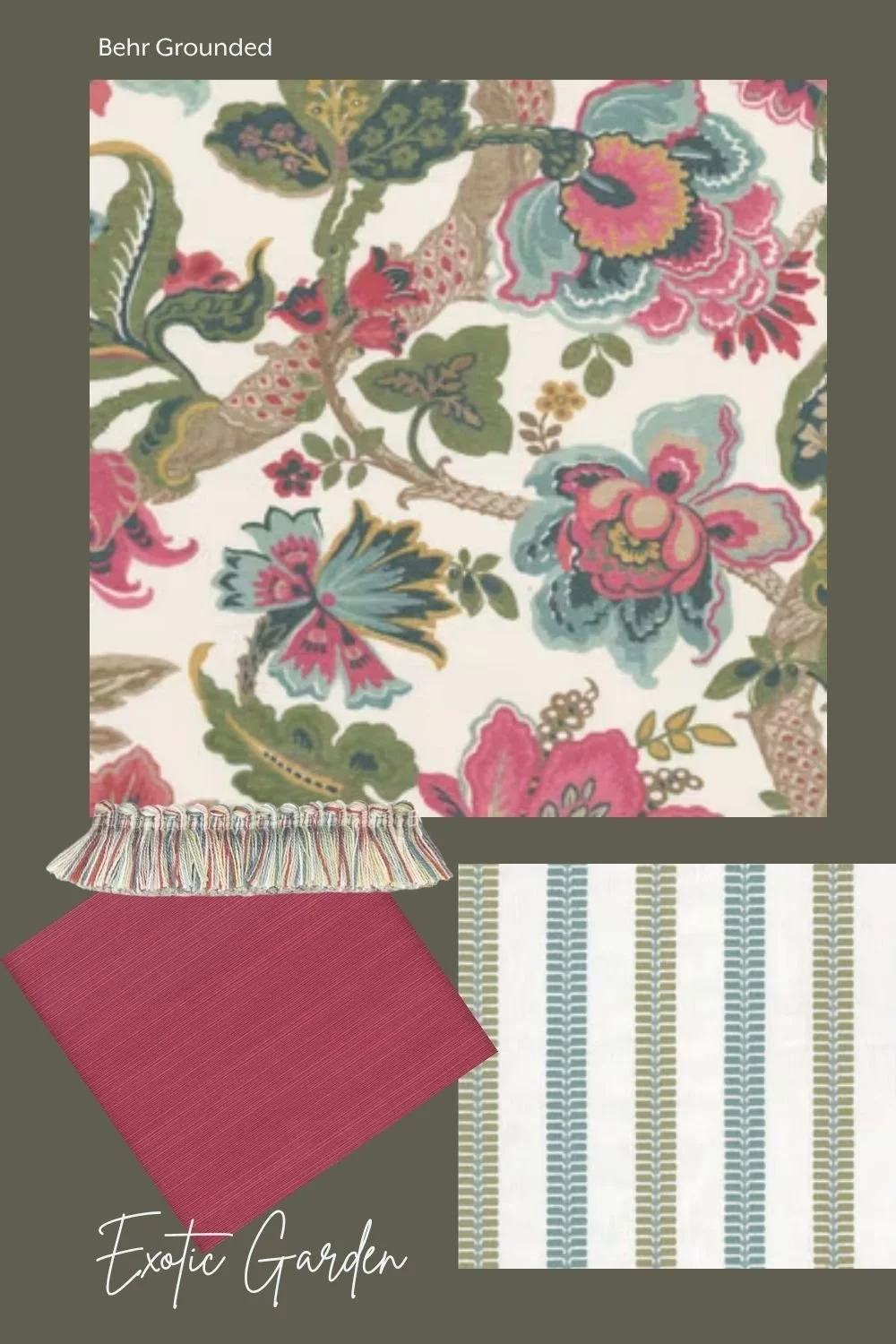Exotic Garden fabrics paired with Behr Grounded paint
