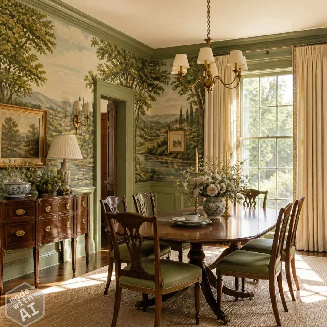AI generated dining room with scenic mural panels