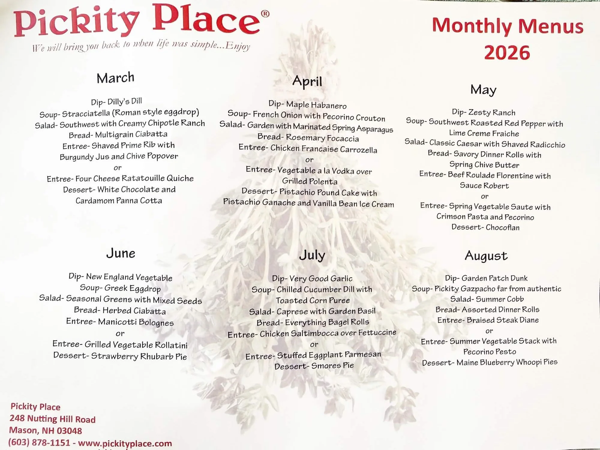 pickity place 2026 monthly menus