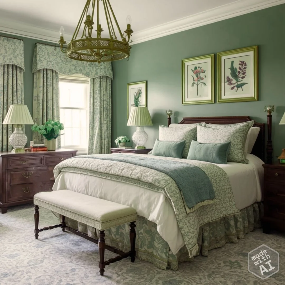 ai imagined bedroom painted Benjamin Moore Webster Green