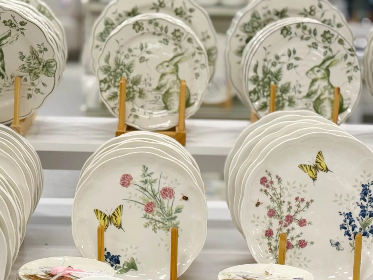 green toile bunny plates and floral plates