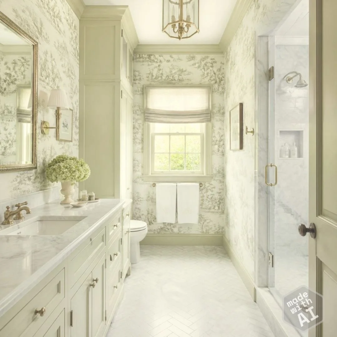 AI bathroom with SW celery painted cabinetry