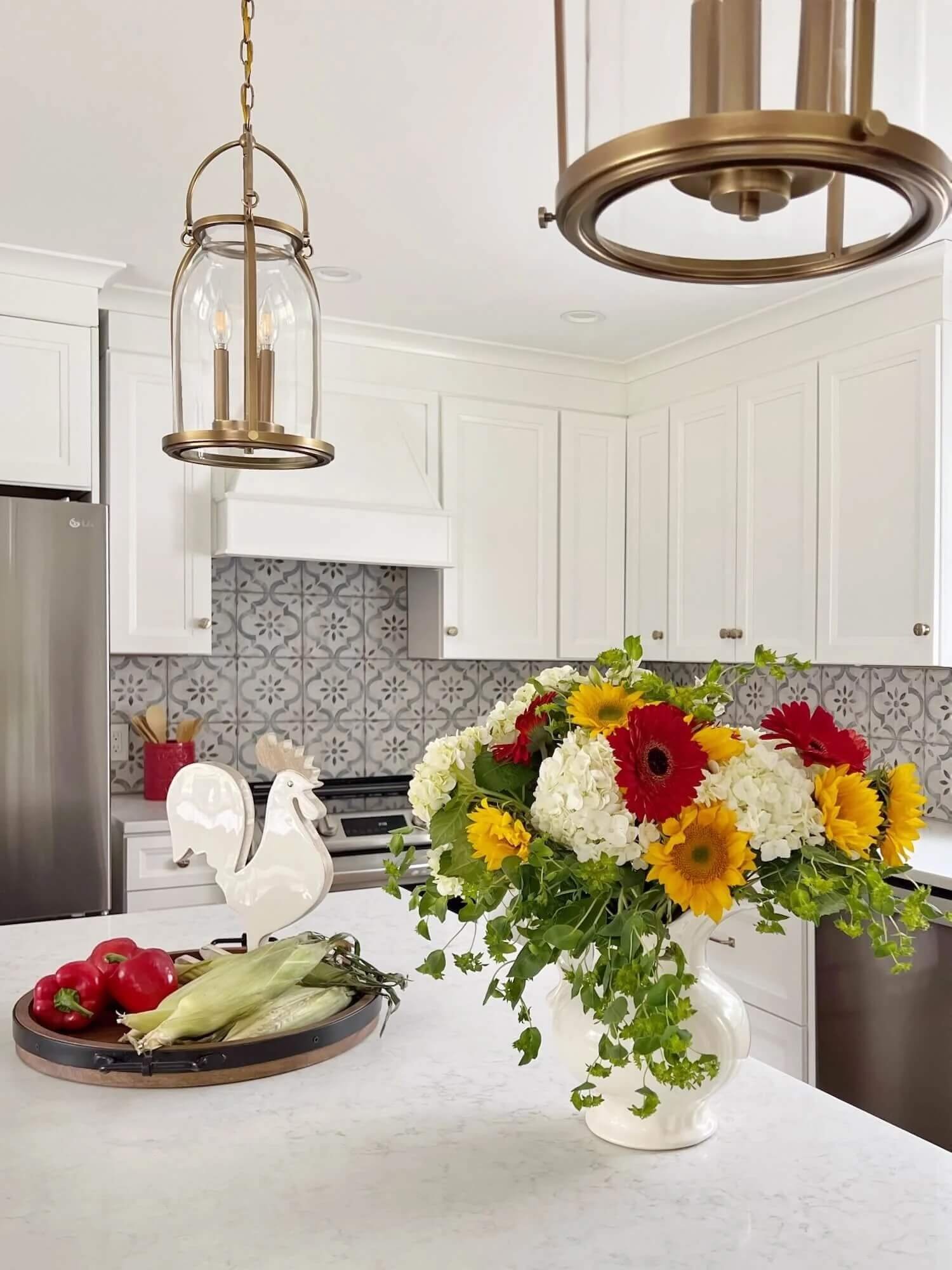 kitchen island with pitcher of flowers