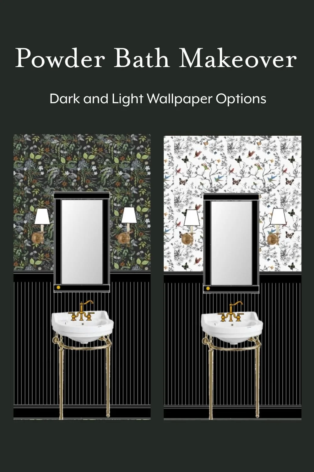 Powder Bath makeover drawings with console sink and wallpaper options
