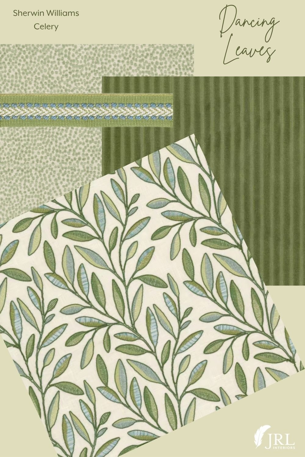 Sherwin Williams Celery paint paired with fabrics and trim