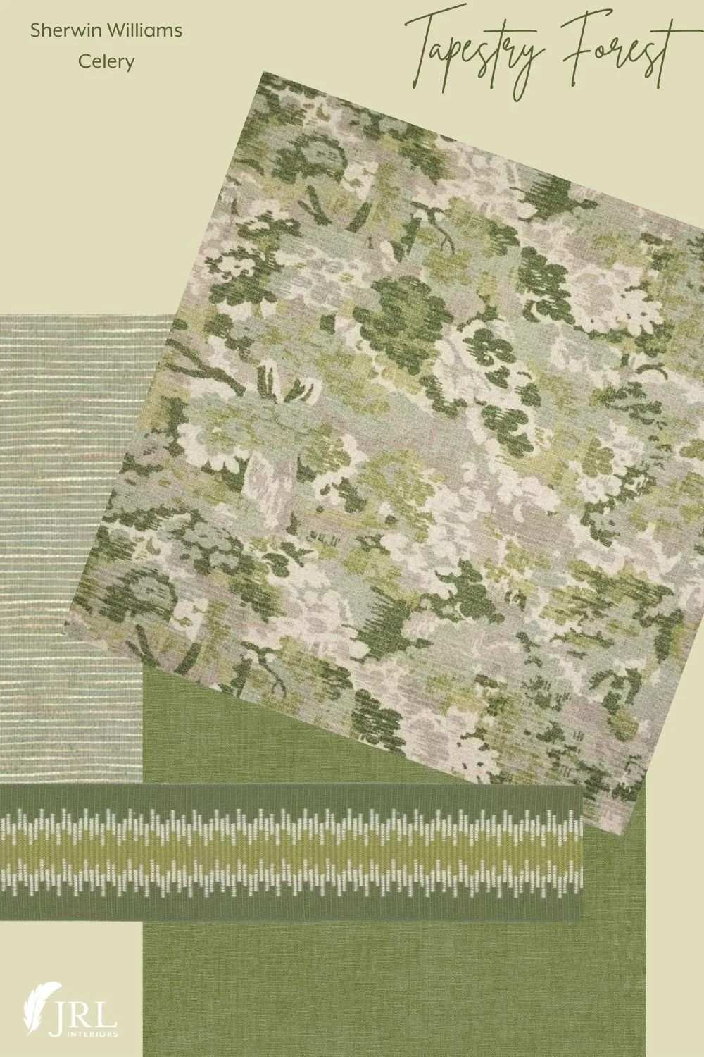 Sherwin Williams Celery paint paired with fabrics and trim