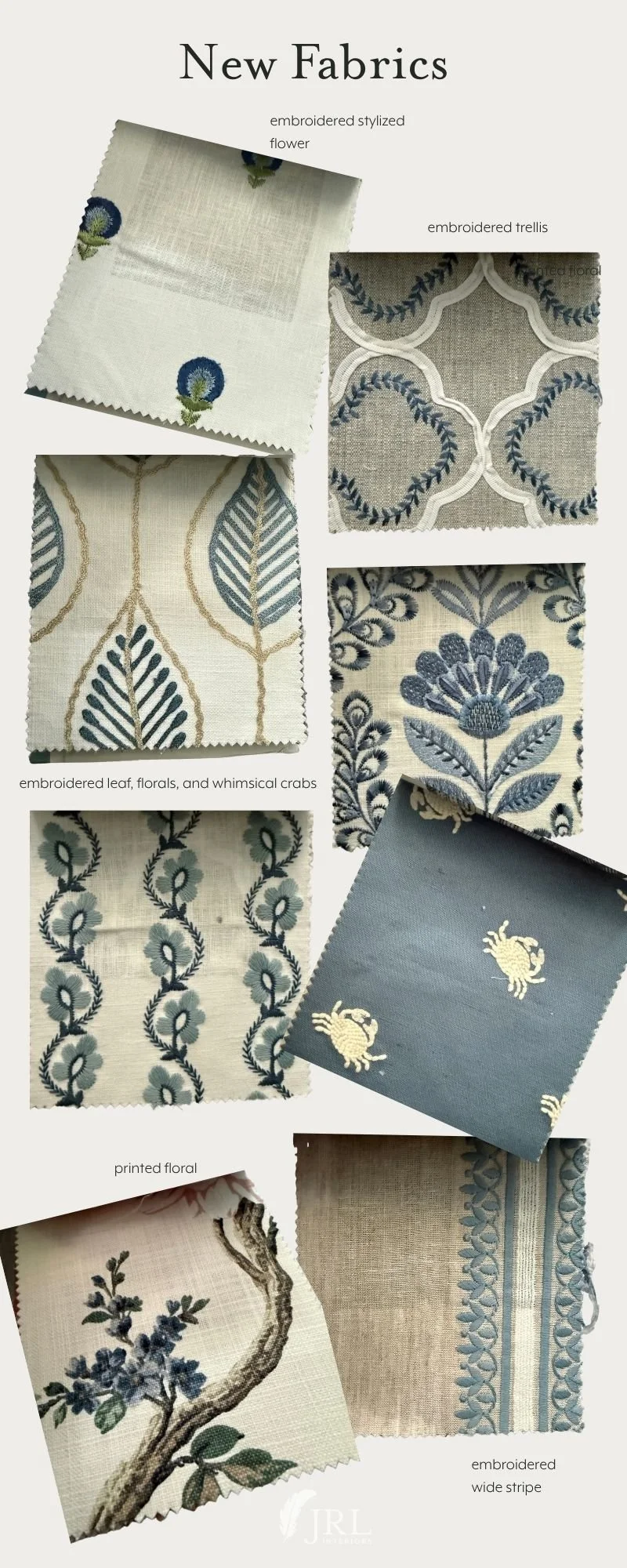 new embroidered fabrics in shades of blue