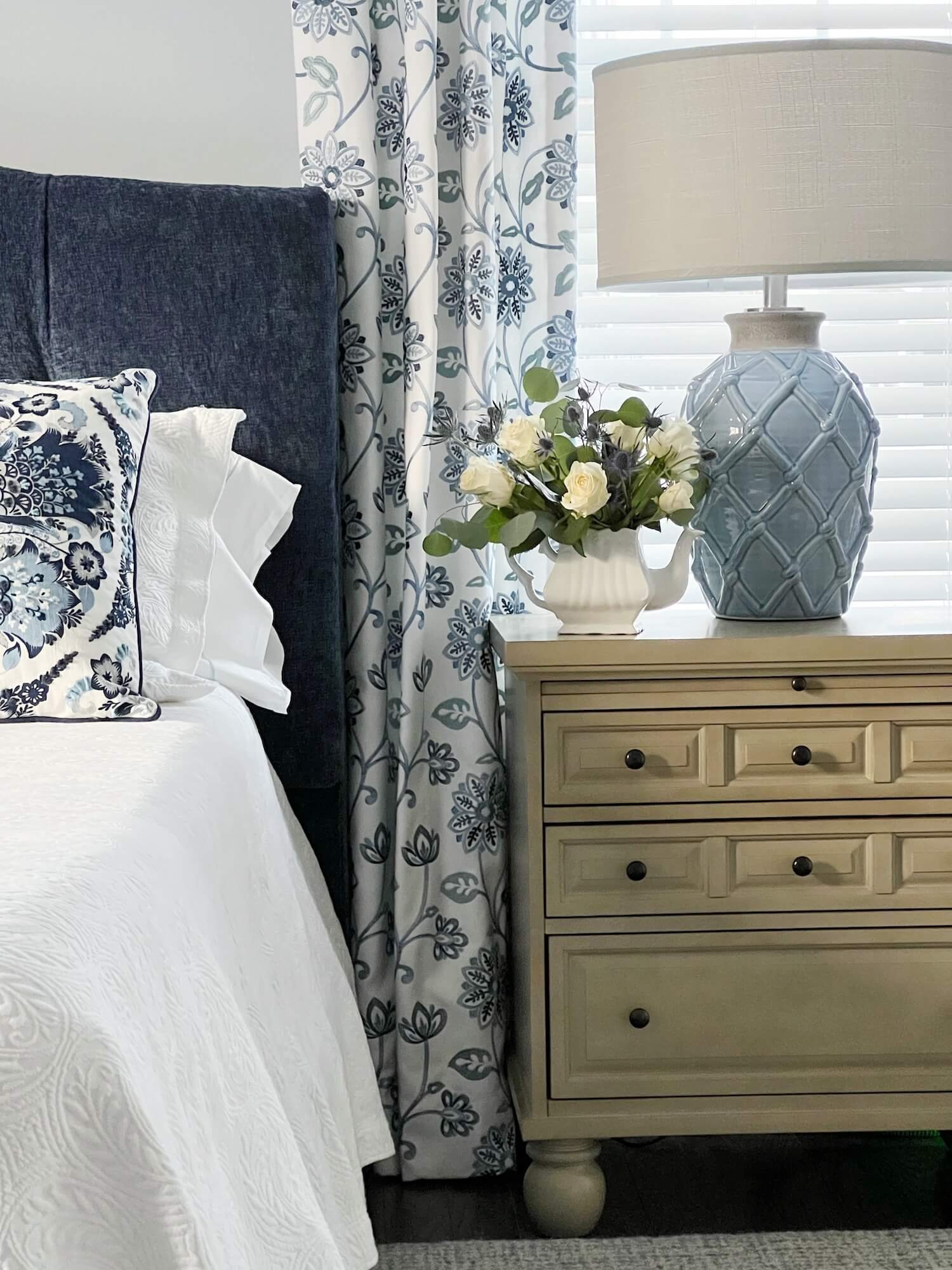 blue and white primary bedroom