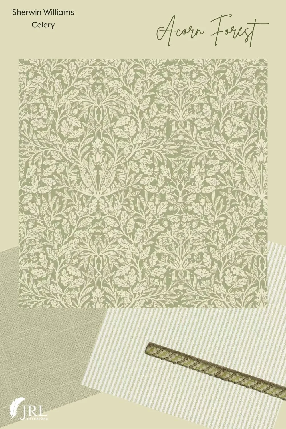 Sherwin Williams Celery paint paired with fabrics and trim