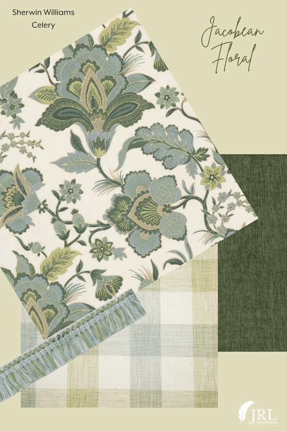 Sherwin Williams Celery paint paired with fabrics and trim