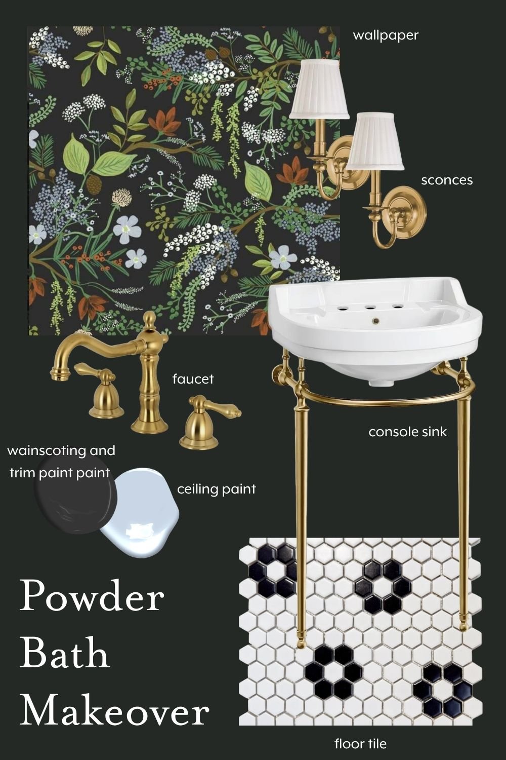 black and white powder room makeover paint wallpaper and fixture selections