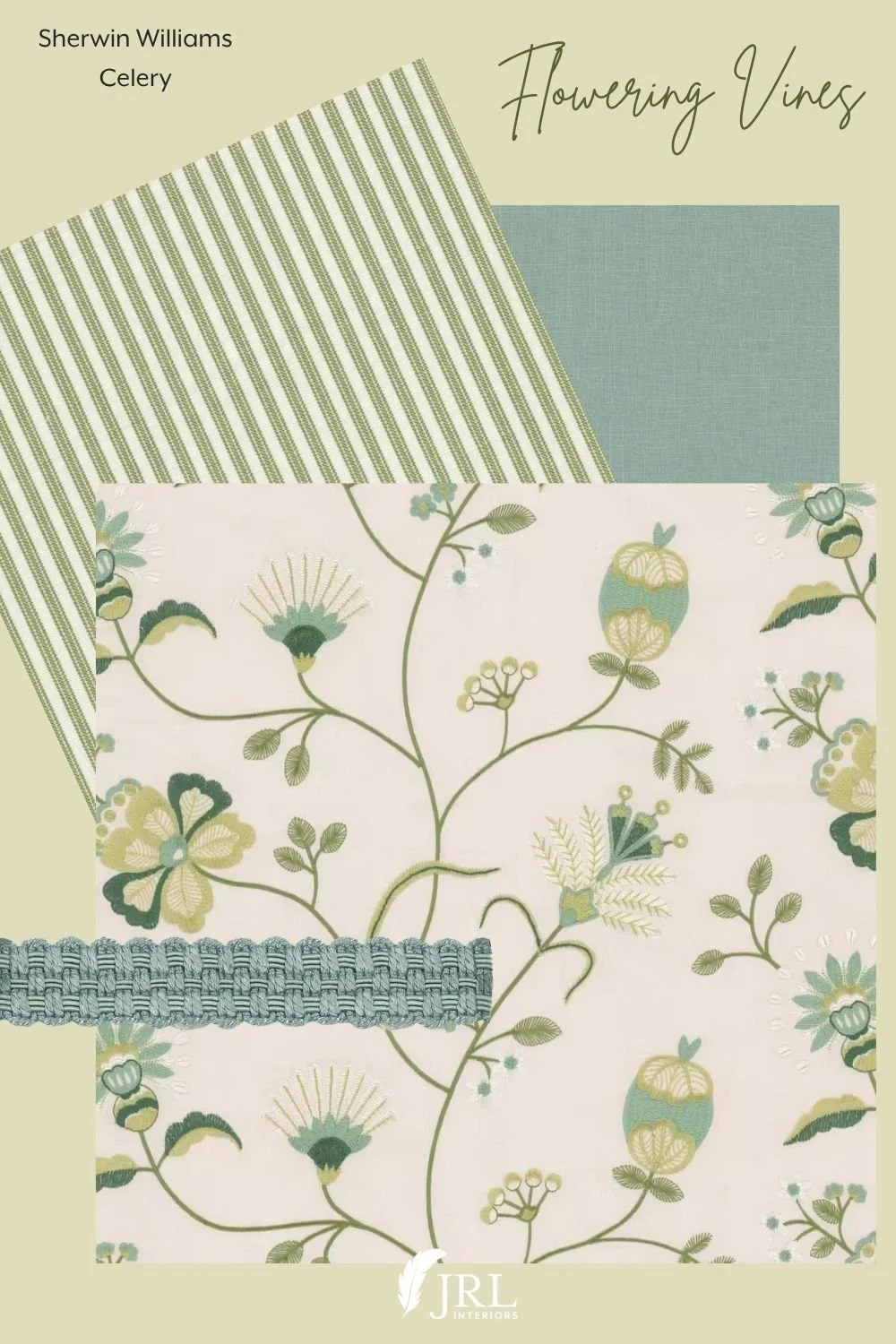 Sherwin Williams Celery paint paired with fabrics and trim