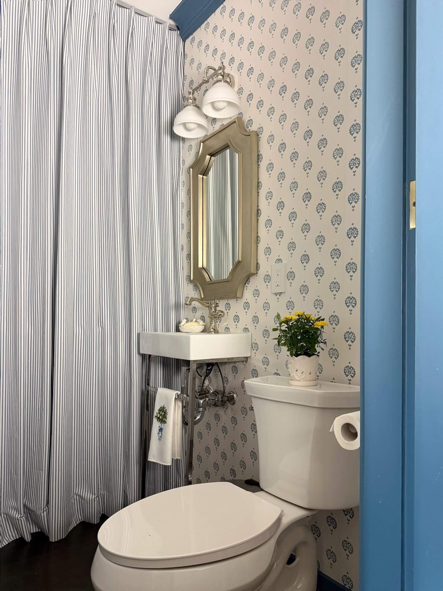 blue and white powder room