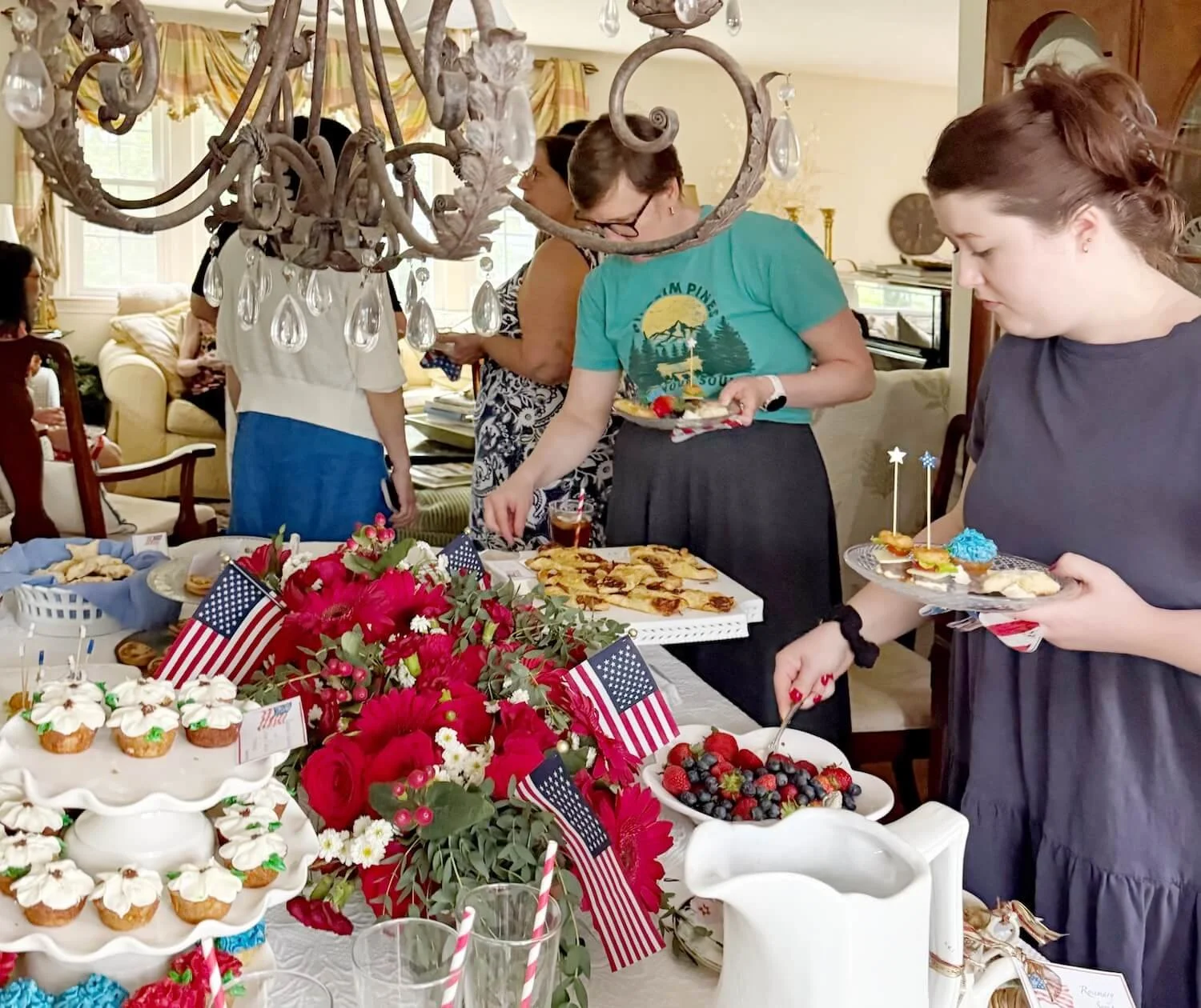 red white and blue tea party guests arriving
