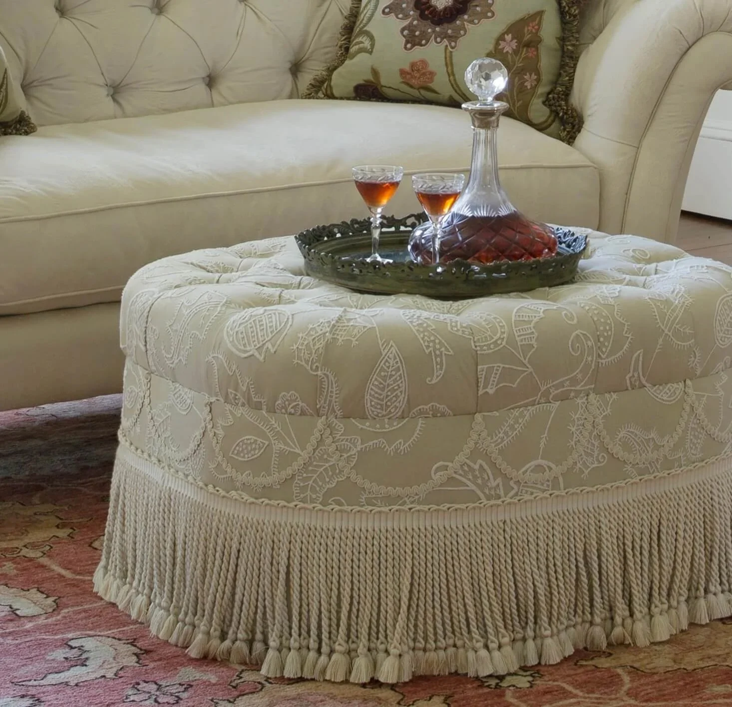 custom ottoman with bullion fringe by JRL Interiors, Acton MA 01720