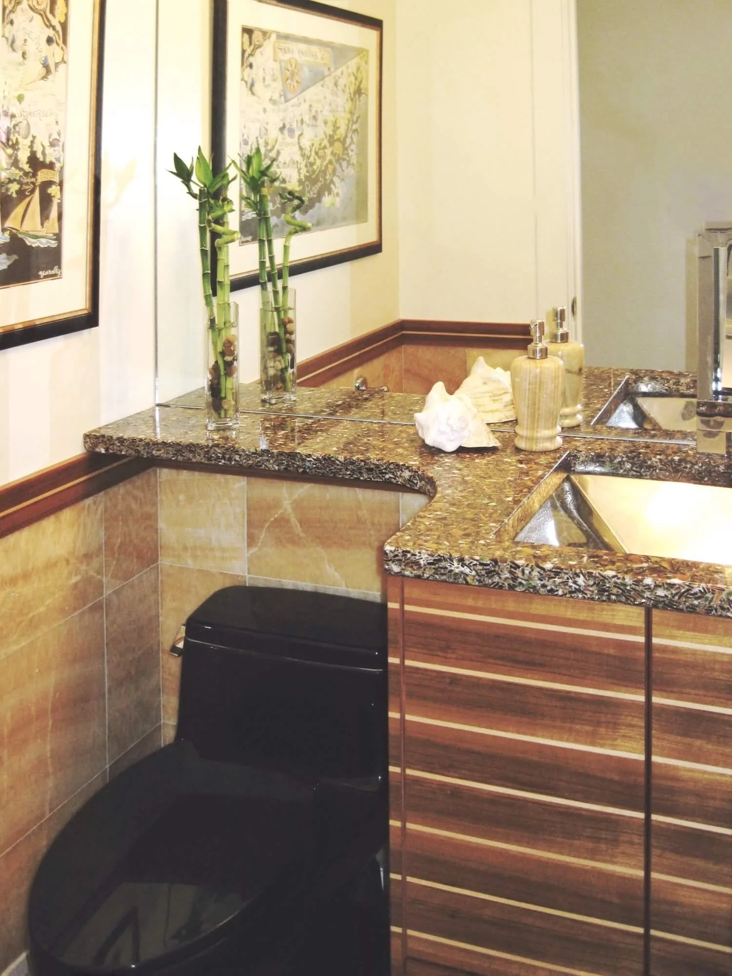 black toilet in a modern powder room