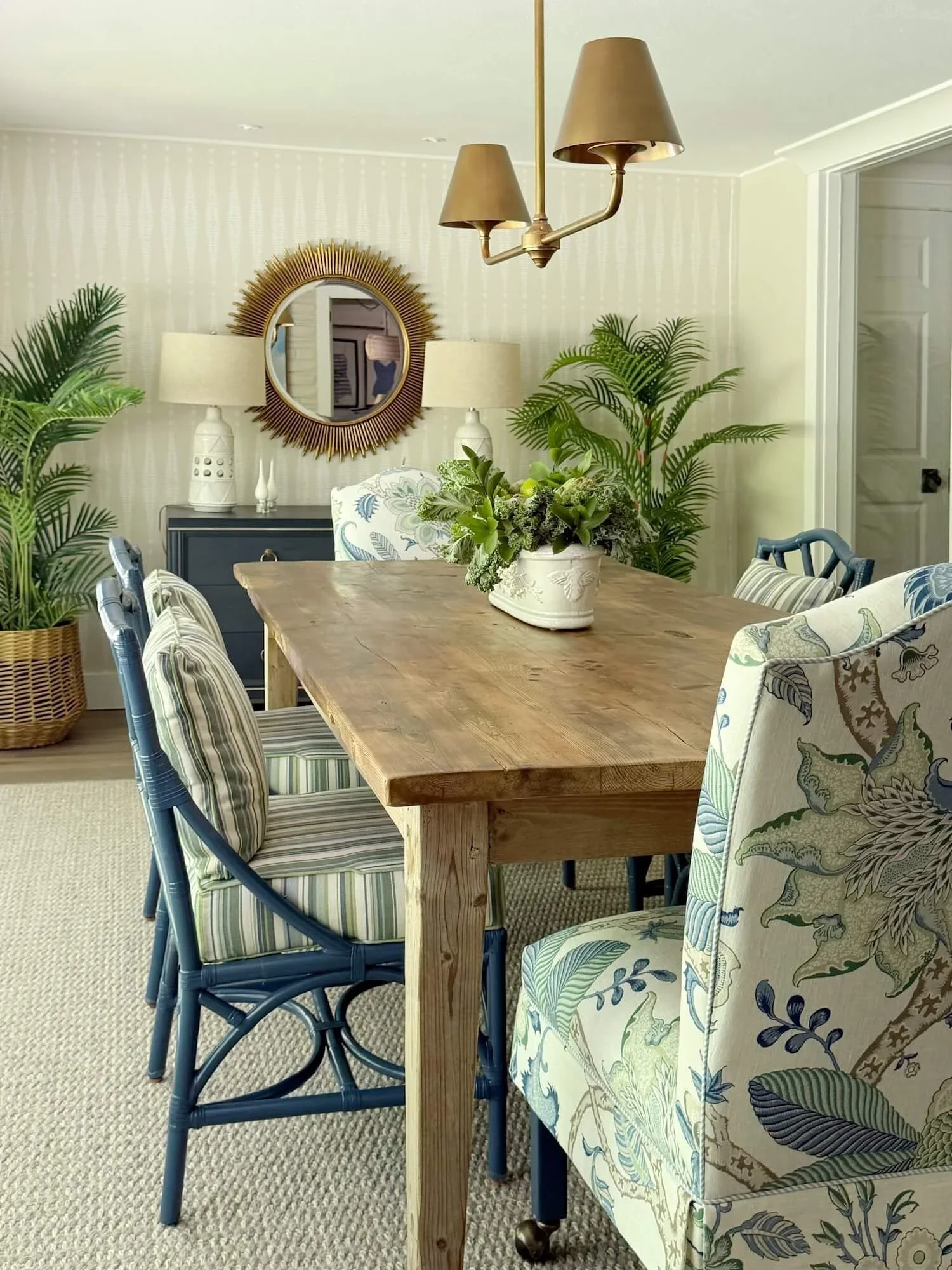 dining room in neutrals with blue and green