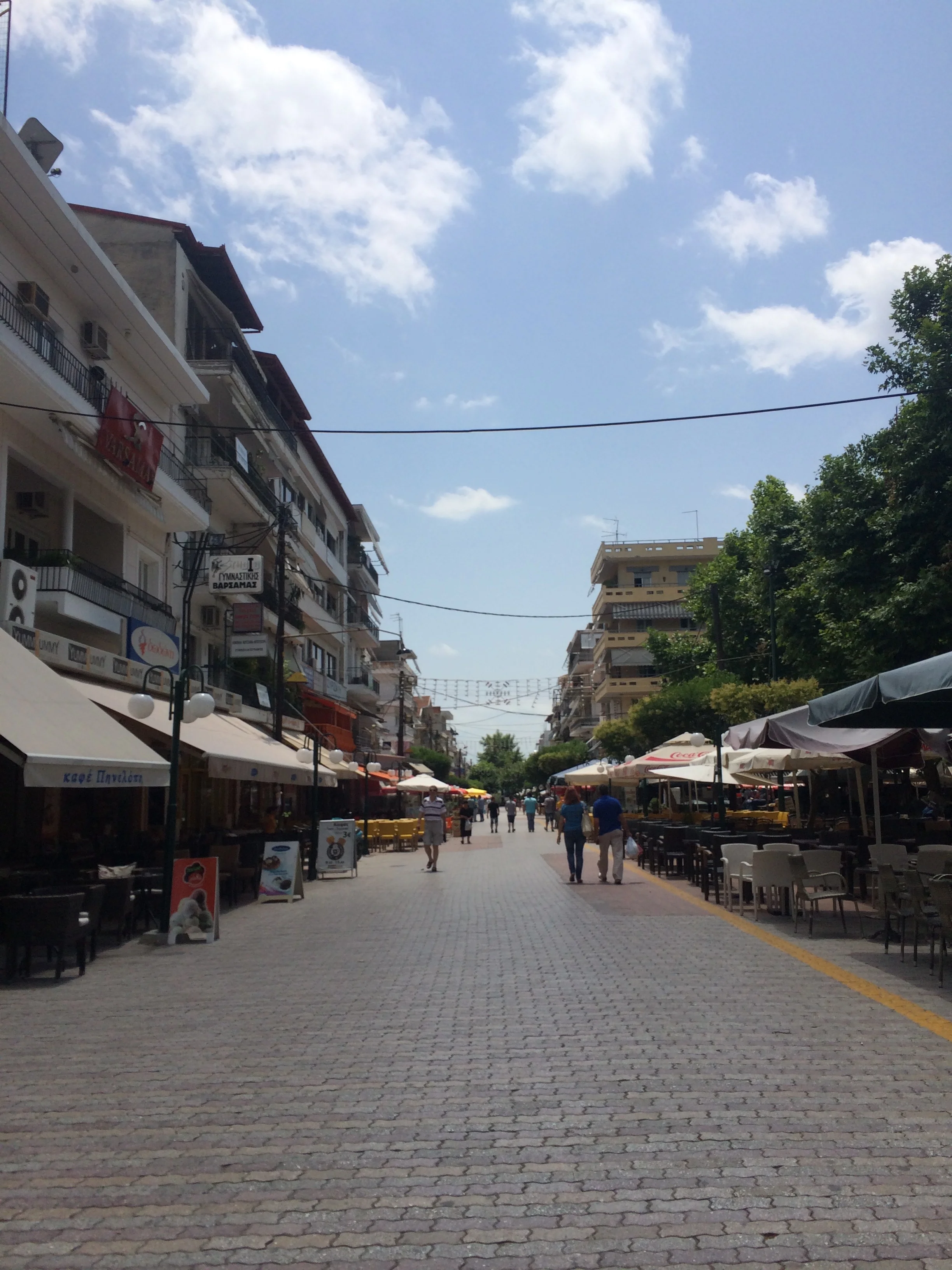 The main pedestrian street or to say in greek, (pes-oh-thromo) the road of people, is off limits to cars and offers a day or night stroll by many shops, cafes, restaurants and lounges for people pf all ages. It is the heart of the entertainment area here. 