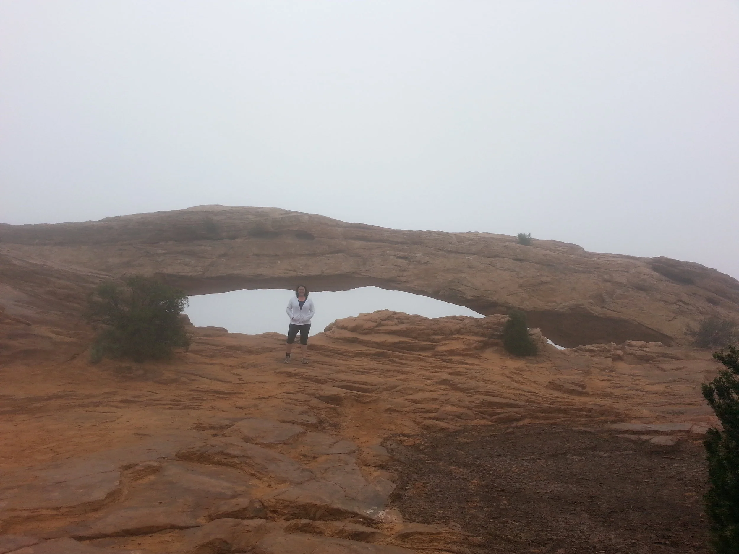 A foggy day at Mesa Arch.