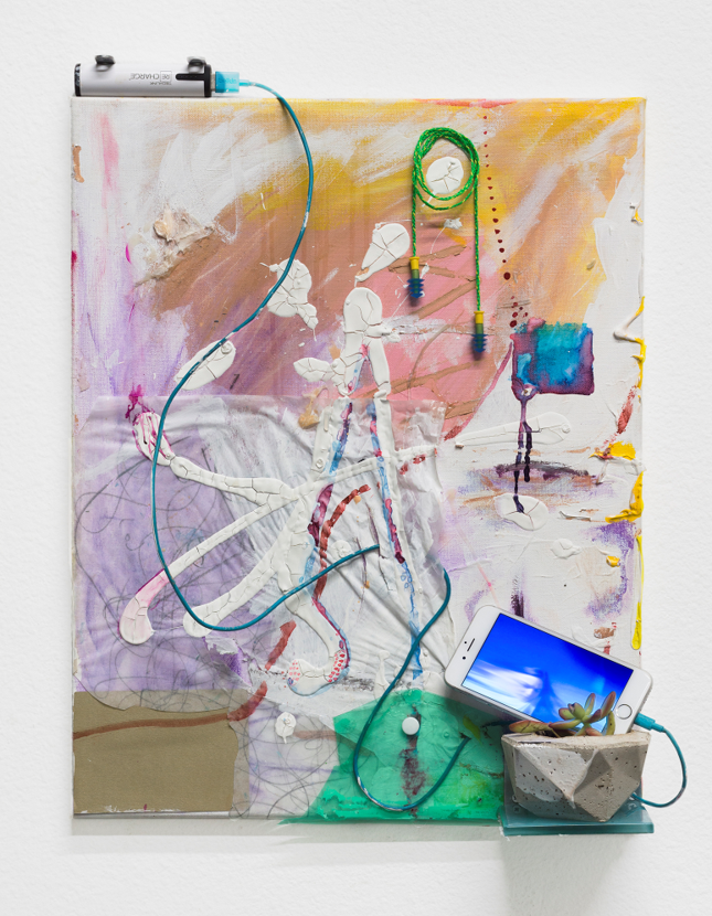Venice Saturation Painting: Women Must Recharge , 2016, Tile, cement, succulent plant, recharge™ battery, USB Cable, iPhone with Venice Saturation Video on loop, concealer, nail-polish, watercolor, acrylic, plastic, tracing paper on canvas, 20” x 16” x 4”.