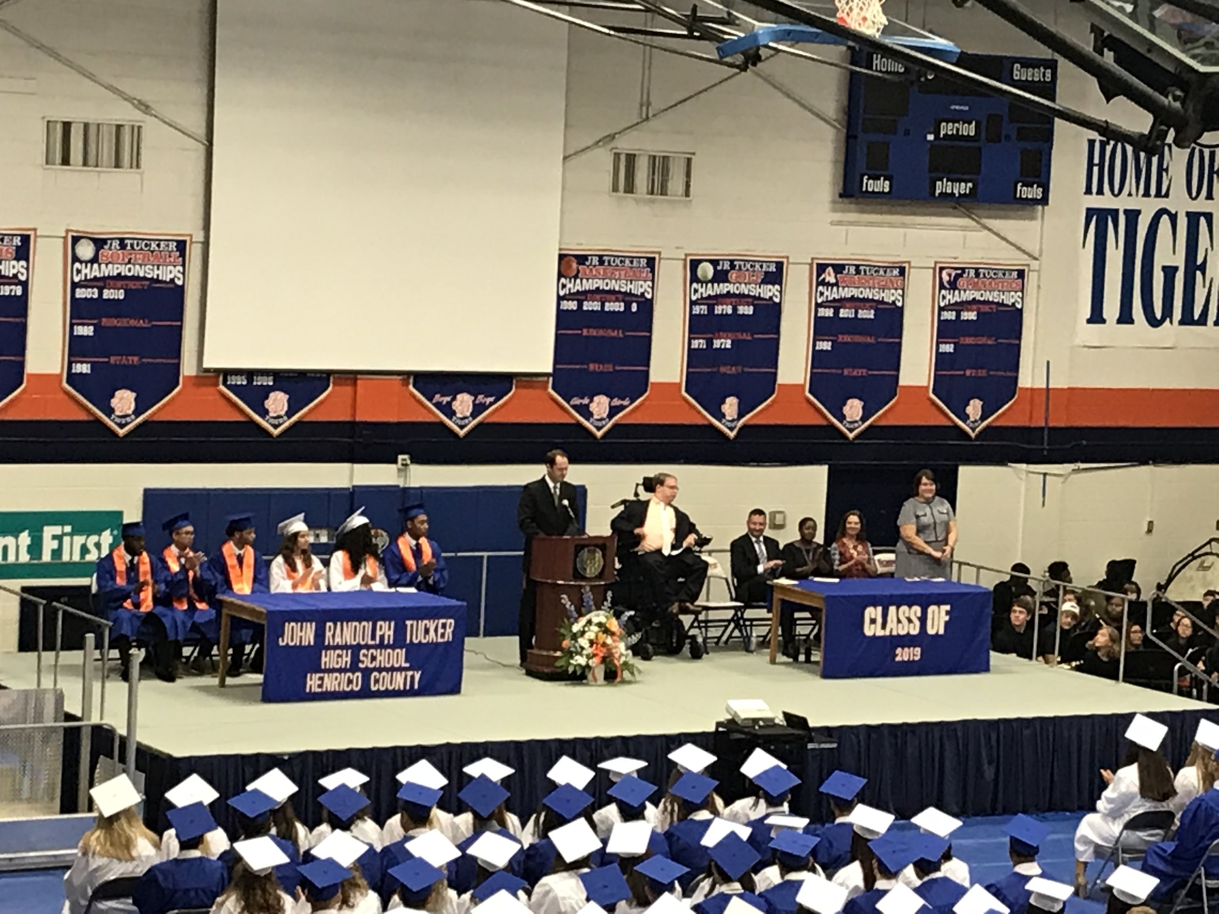 PHOTO: Matthew on stage at his high school, JR Tucker, in front of 2000 people. He was the keynote speaker for the class of 2019 Convocation.
