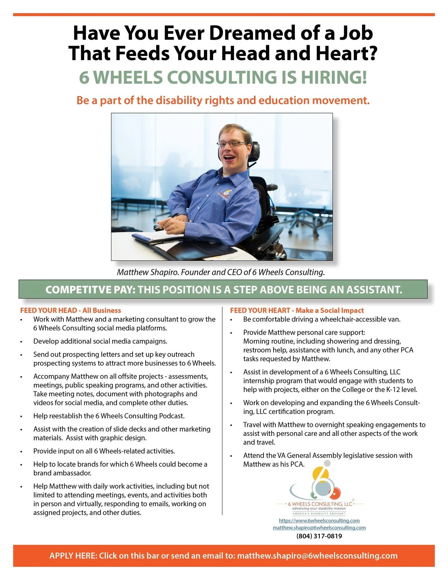 6 Wheels Consulting is hiring! Have you ever dreamed of a job that feeds your head and heart? Download the complete job description. Tap the link in our bio and tap the "6 Wheels Job Description" link in the Website section.
Send your resum