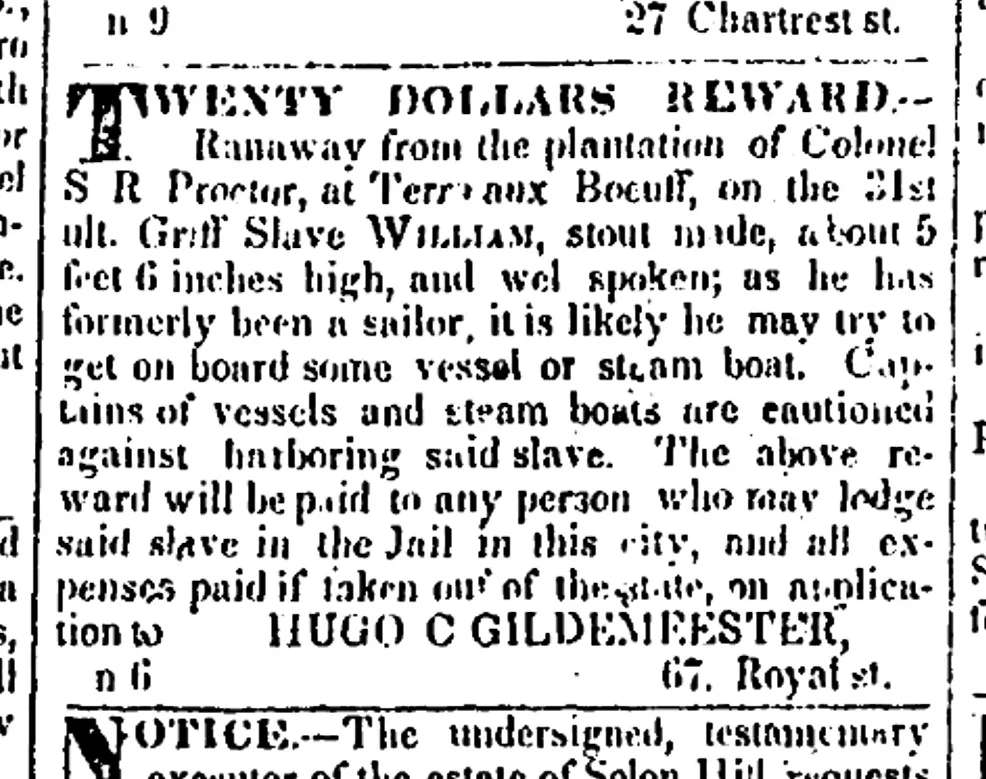 A runaway slave ad posted in a New Orleans newspaper, November 28, 1833.