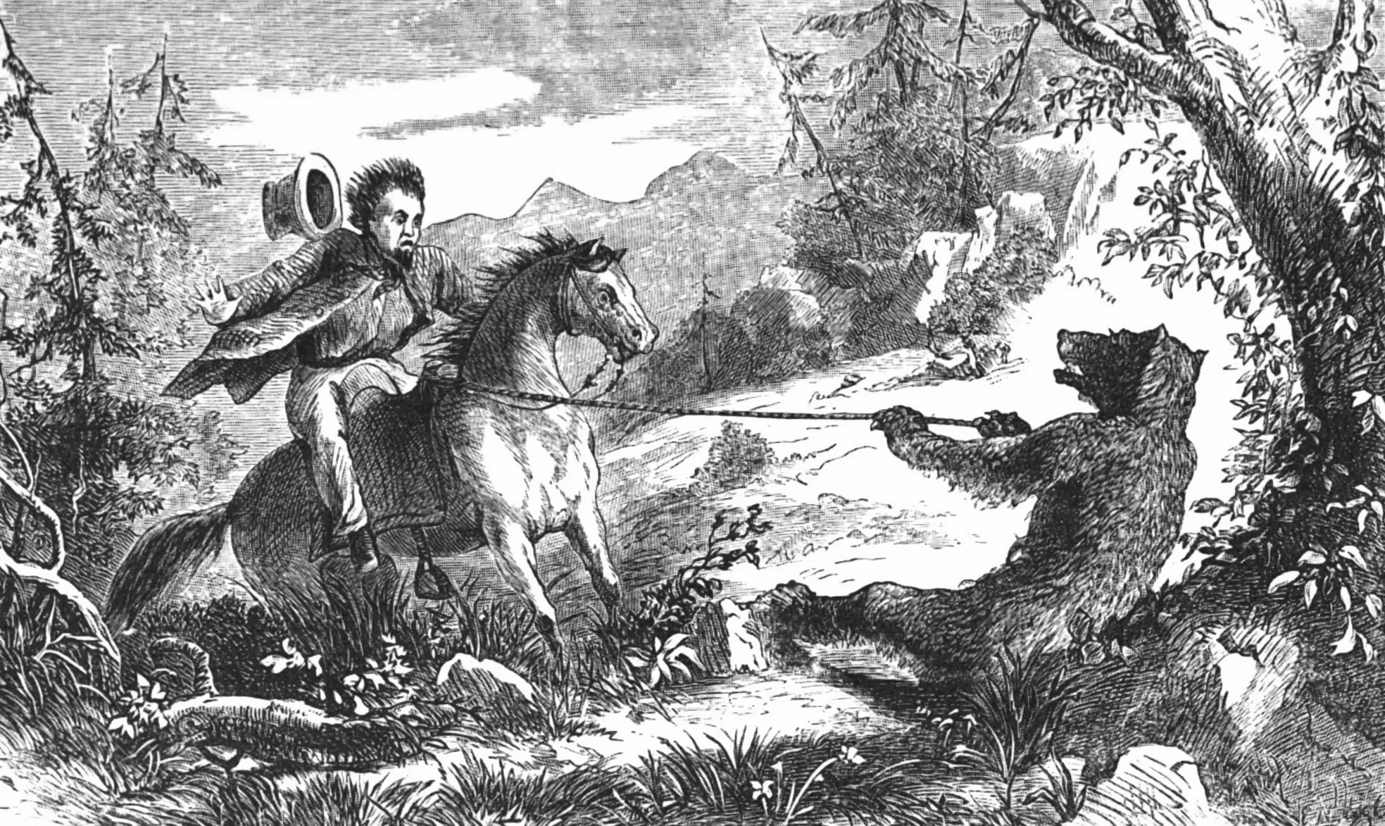 One man told a story about a grizzly bear with enough strength to drag him and his horse. Ernest Narjot, “The Pull on the Wrong Side” from A la California: Sketches of Life in the Golden State by Albert S. Evans (San Francisco: A. L. Bancroft, 1873).