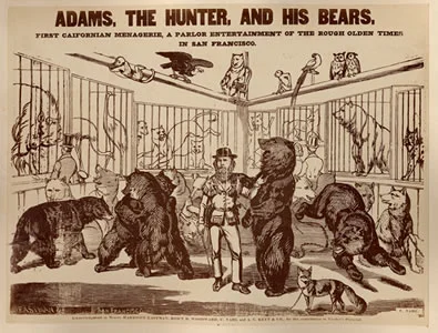 "Grizzly" Adams posing with his menagerie. Edward Vischer, “Adams, the Hunter, and His Bears” from Vischer’s Pictorial of California (San Francisco: Printed by J. Winterburn & Co., 1870).