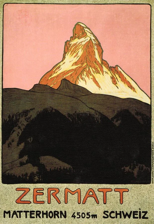 Zermatt travel poster by Emil Cardinaux, 1908. This poster is considered to be the first modern travel poster. Click HERE for the source.