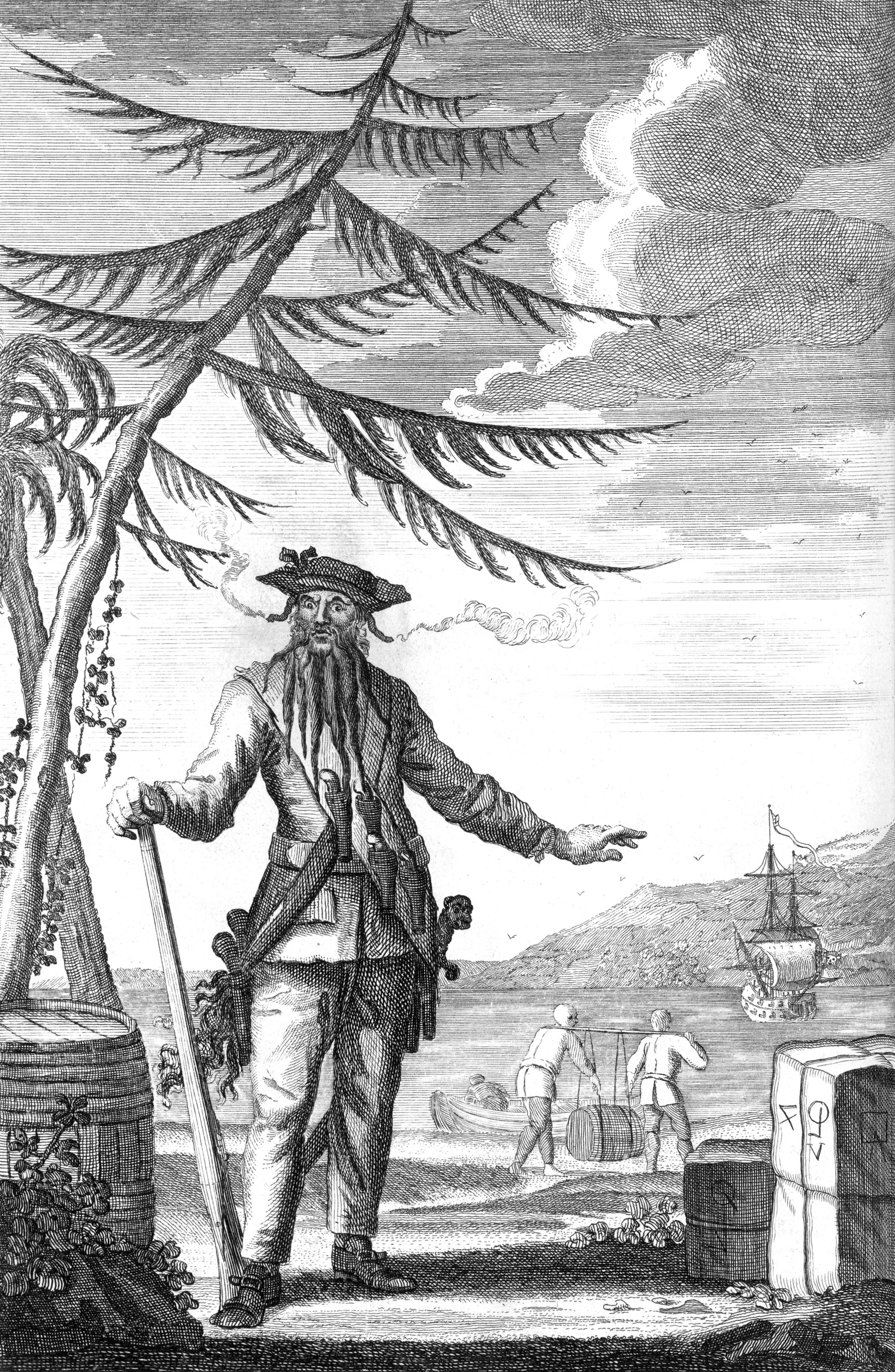 An engraving of Edward Teach, better known as Blackbeard, from 1736. Click HERE for image source.