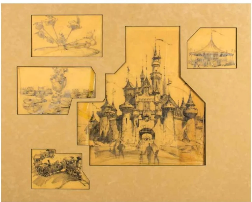 Imagineer Bruce Bushman created this collection of Disneyland concept drawings in 1955 for a two-page spread in the Los Angeles Examiner. This piece sold for $10,000.