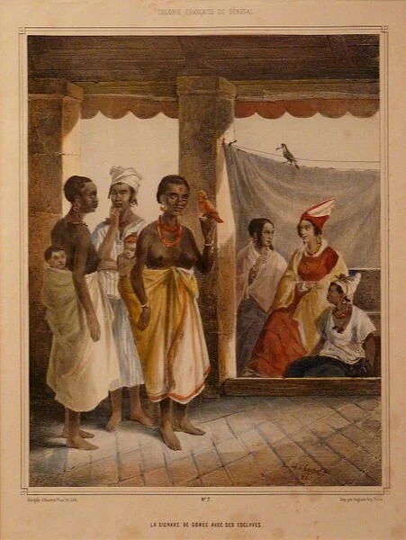 A Signare of Goreé with her slaves . Adolphe d'Hastrel, La Signare de Gorée avec ses esclaves . Musée de la Compagnie des Indes (Lorient)