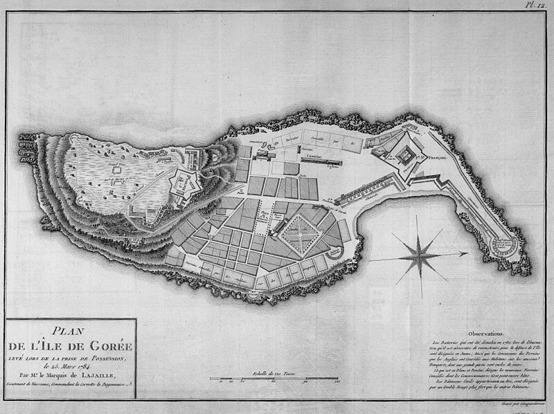 Map of Goreé island 1784. Jean Baptiste Léonard Durand, Carte de l'île de Gorée en 1784, dans, Voyage au Sénégal (1802).