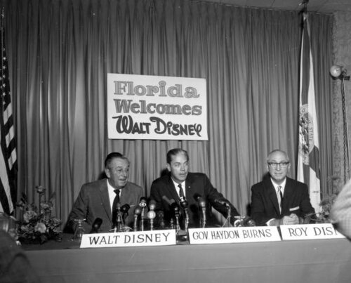 From left to right, Walt Disney, Governor Haydon Burns, and Roy Disney at the press conference announcing Disney’s investment in Orlando, Florida, November 15, 1965. Courtesy of the State Archives of Florida.