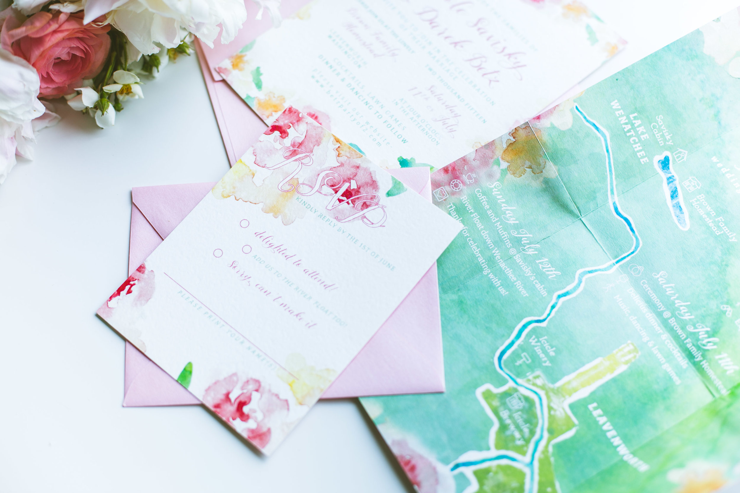 Wedding suite for an elegant & adventurous couple: Nikki & Darek's rustic-chic Leavenworth celebration was one not to be missed. It was a really fun challenge to create a custom watercolor map with location & descriptions of the wedding weekend festivities.
