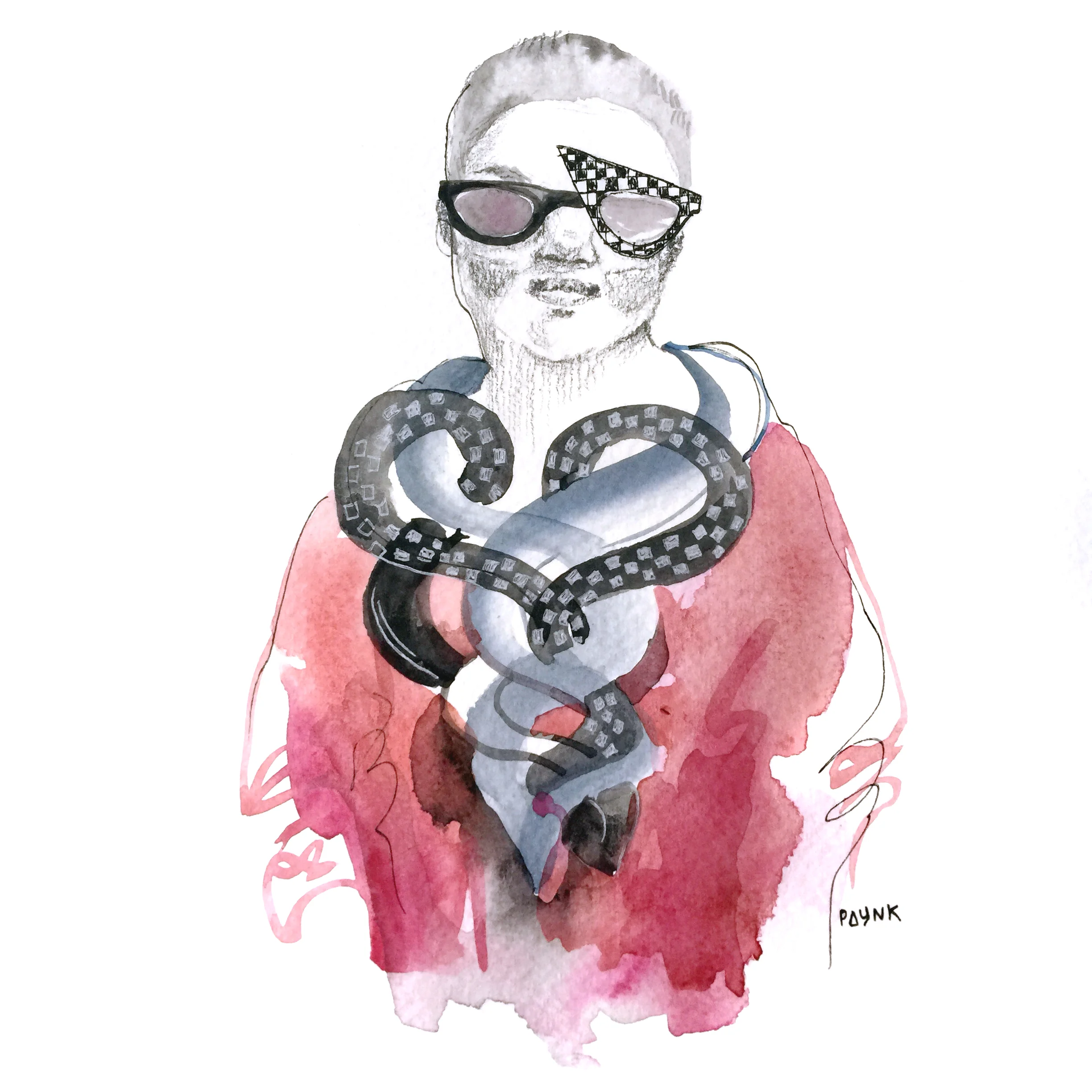 Anonymous Auntie That necklace was too darn crazy to not draw!? I met this lady in her 50s/60s (I think?) at an exhibition opening. She didn't want to tell me her name, but she was happy to let me take a photo and told me that her accessories are all one-off designer pieces from all over the world. Early-inspo for later days.