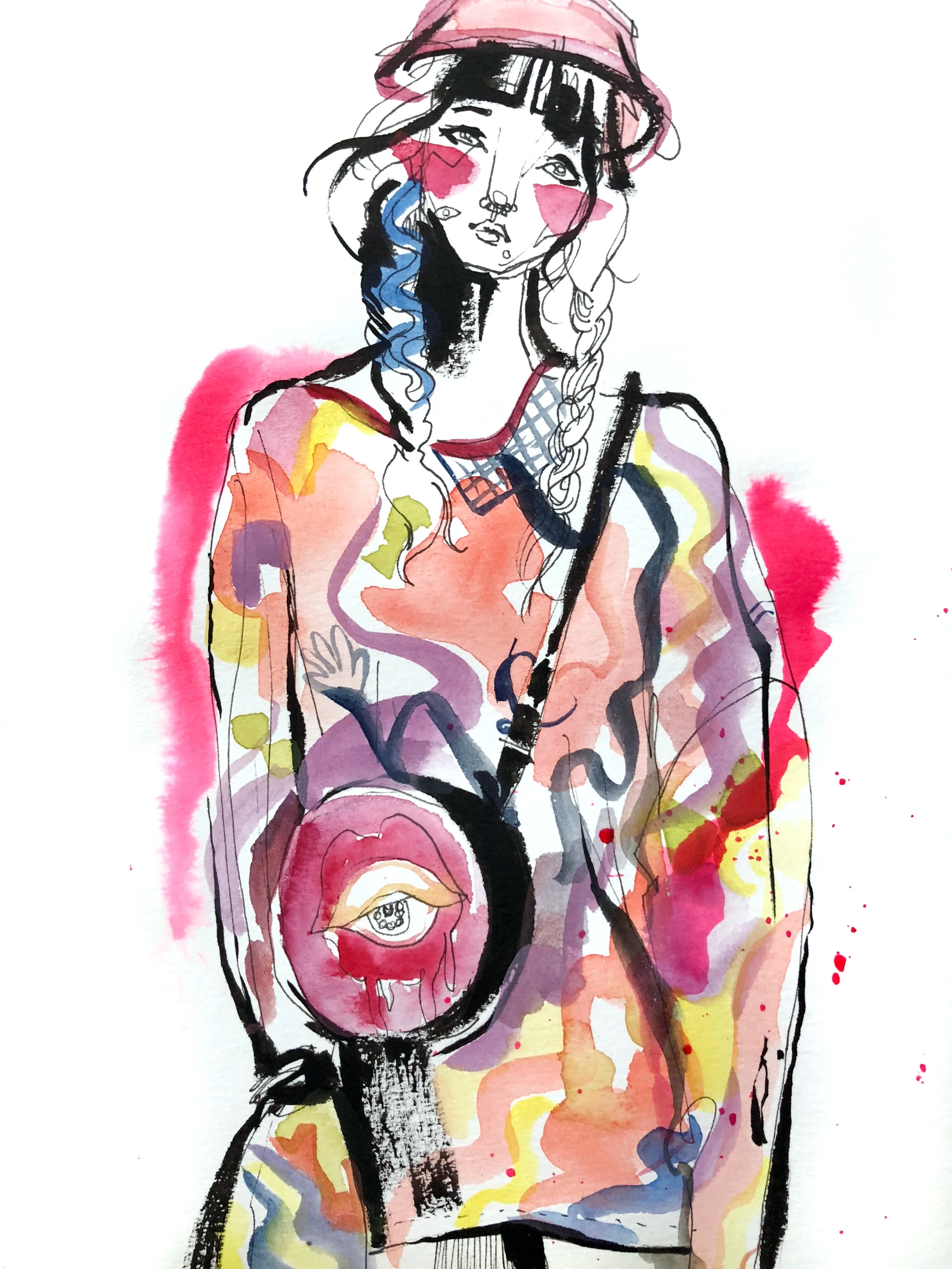 Cherie | musician. model. Confession: I drew this based on a photo that wasn't taken by me. It was from Mash-up's lookbook. But I was at the launch of this collection and this t-shirt dress really caught my eyes. So I went to snoopy around their Instagram and found this picture of Cherie wearing that dress, and being the nosy spy that I am, I also found that she's a musician with a really quirky sense of humour.
