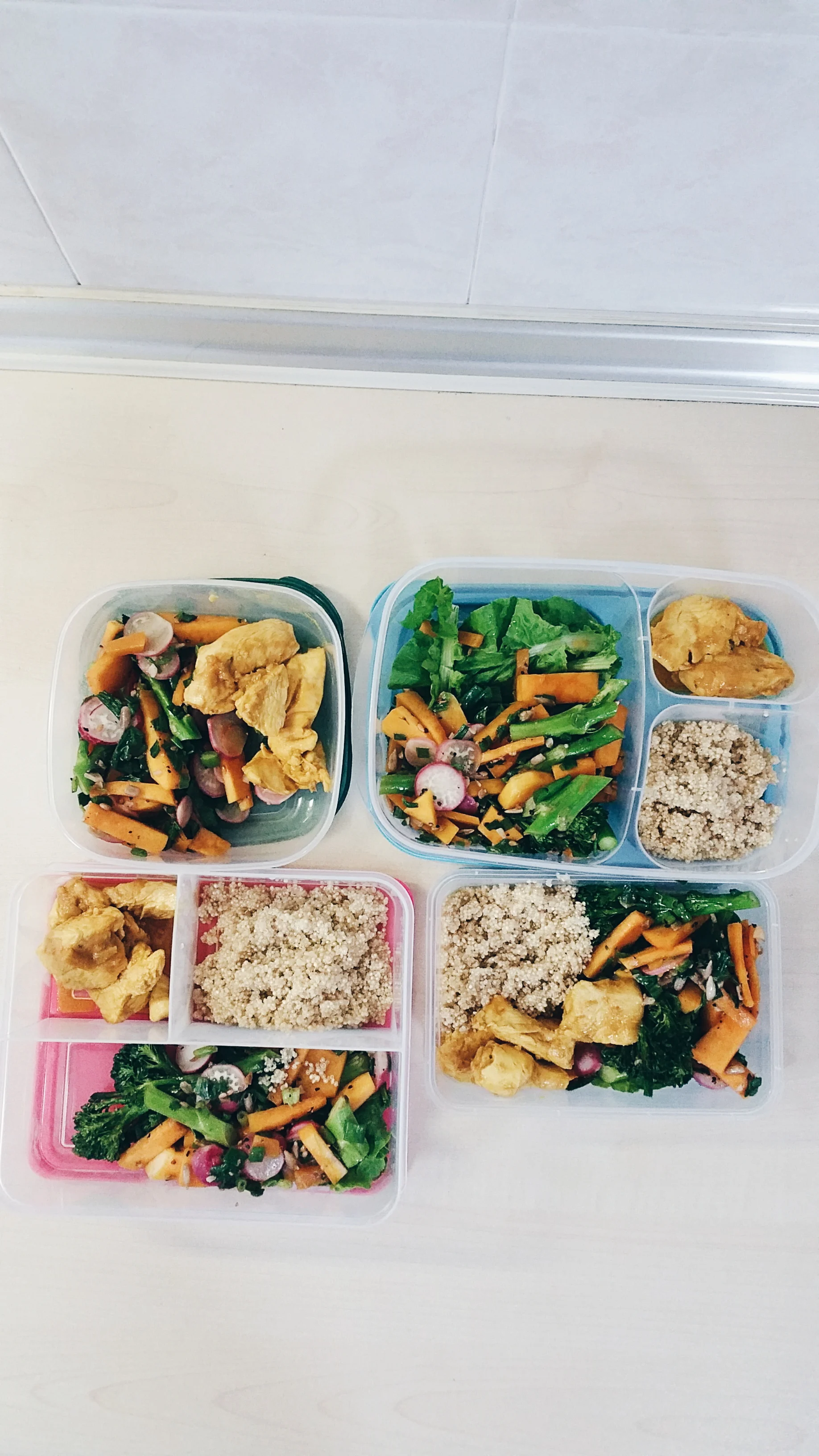 A typical representation of my meal prep on Sundays for 4 lunches a week. I include meat, an array of vegetables and some grains like quinoa in this instance.
