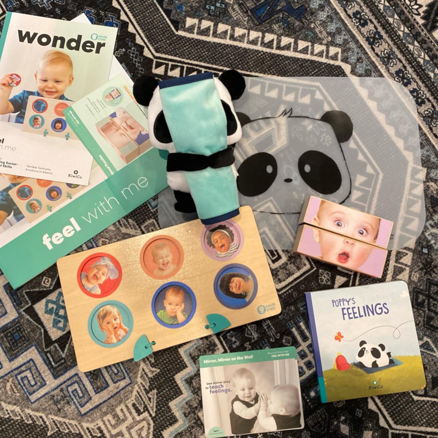 I am excited. This @kiwico_inc Panda crate is so good !! This has tools for feelings identification, starting at 13 months. I love that there is a book to go along with these toys.