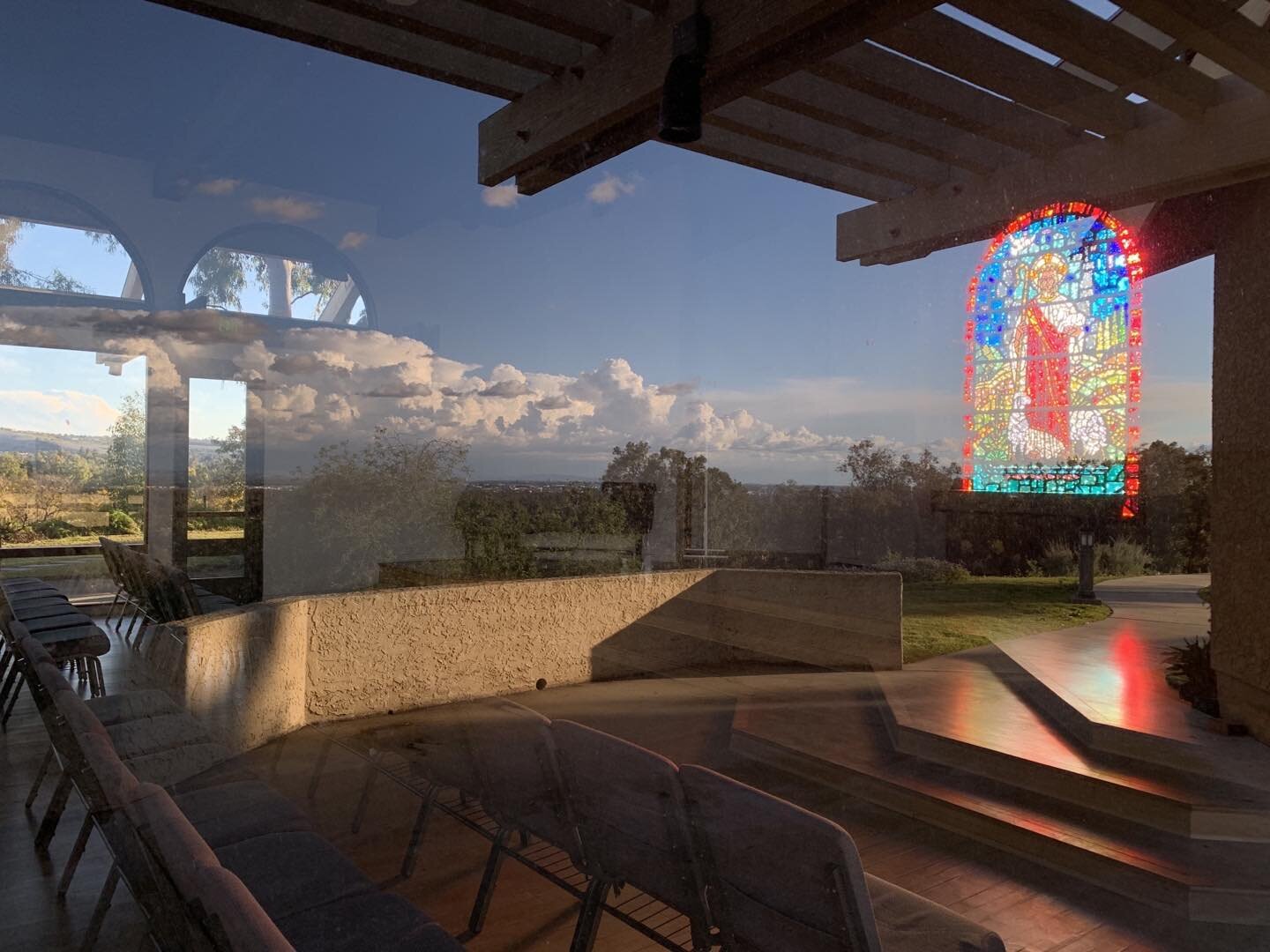 Outside the window of the Good Shepherd Chapel during sunset.
#noedits