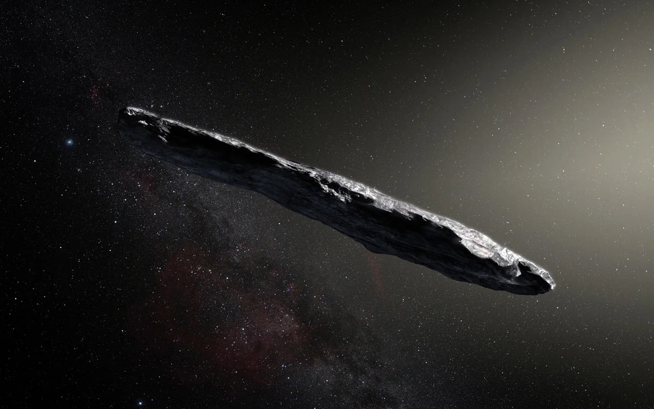 An artist’s impression of the oddly shaped interstellar asteroid `Oumuamua'.