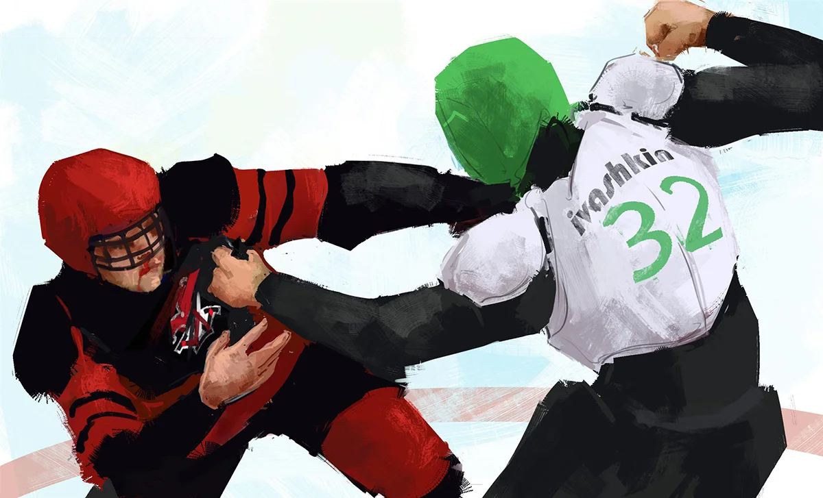 Lindberg and Ivashkin throw punches before being separated and sent to the penalty box.