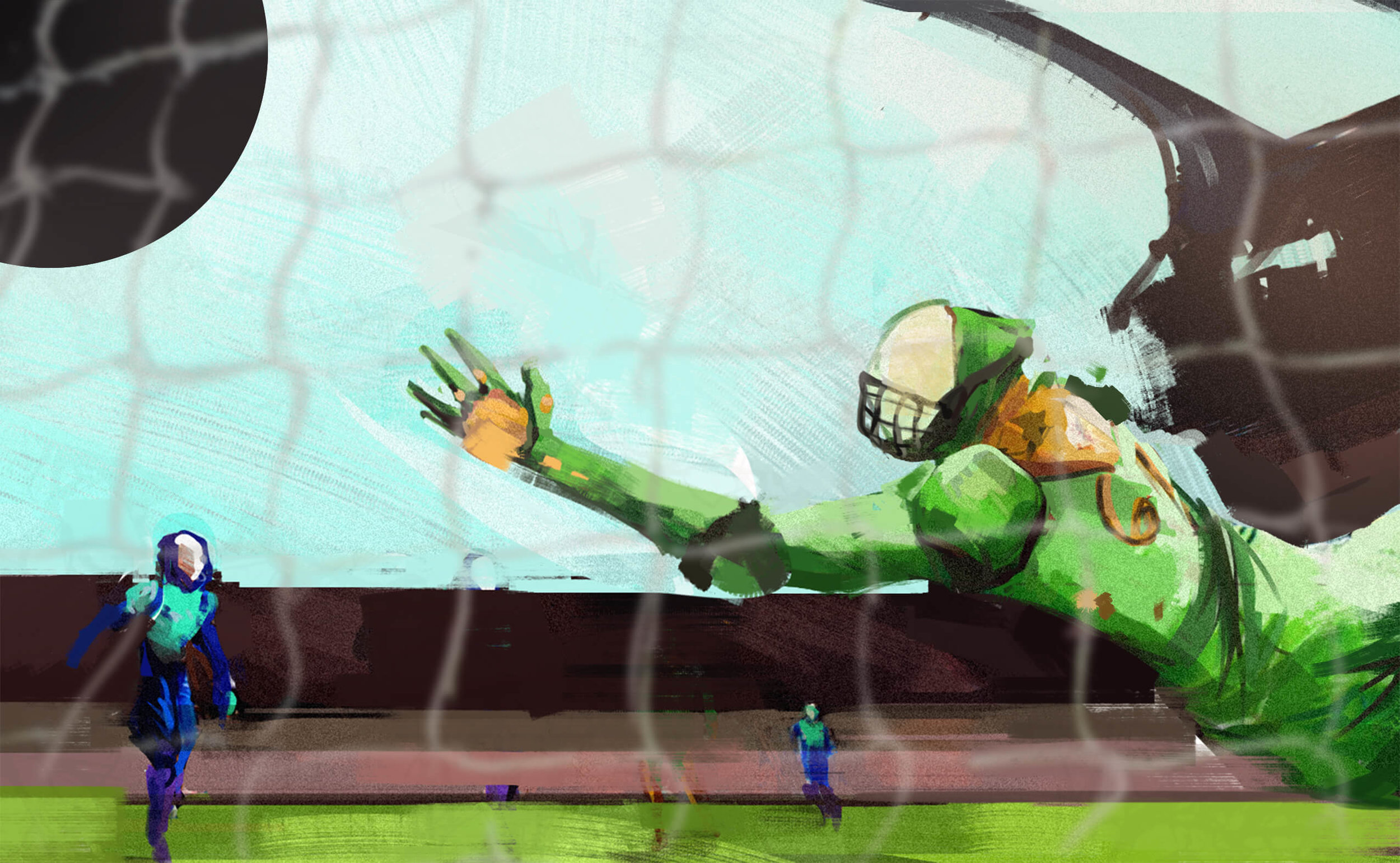 badal dives for the ball, but is unable to reach it due to an alleged equipment malfunction.