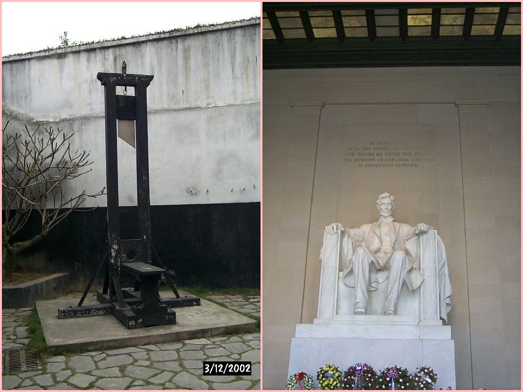 A digital collage using images of a guillotine and the Lincoln Memorial.