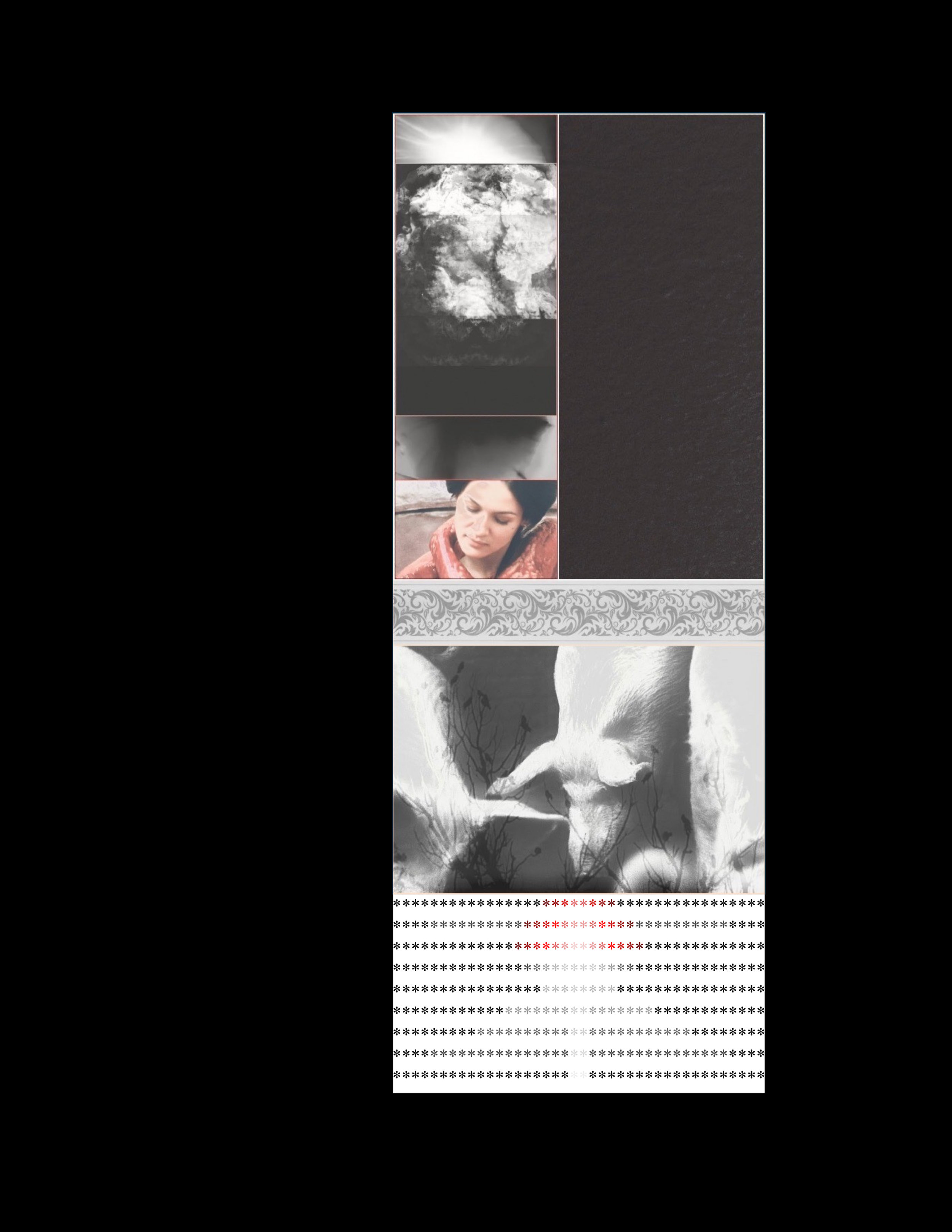 A digital collage using the image of a eclipse, an image of the negative of the eclipse, a de-exposed photograph of a wall, an image of a woman bathing in blood, an art nouveau brocade, and three pigs.