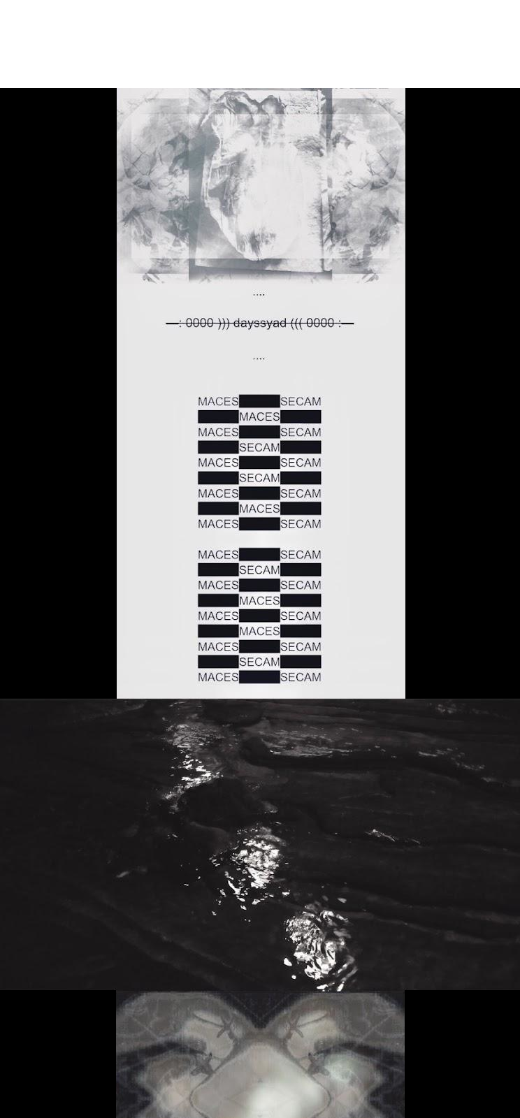 A digital collage using the words "days," and "maces"; a crucifixion; the sea is black.