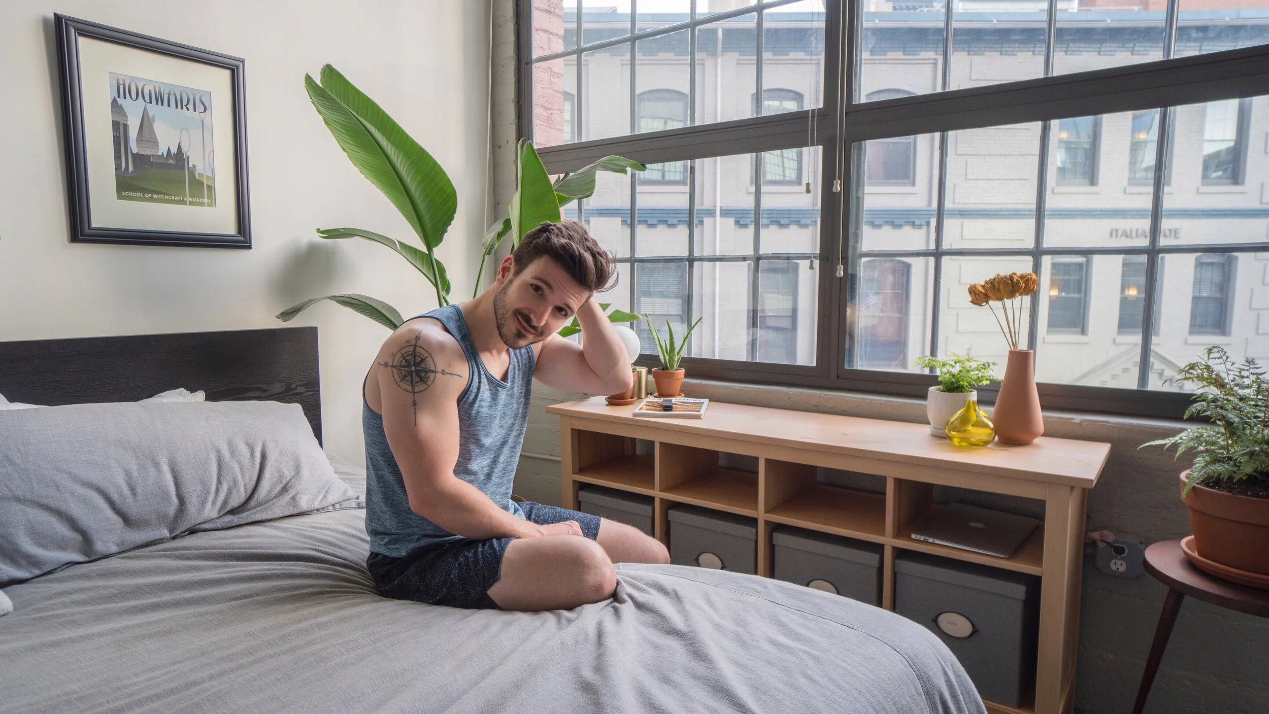 Justin enjoying all his hard work! He tends to be the more type-A particular one, so he took most of the bedroom re-design on his hands. 