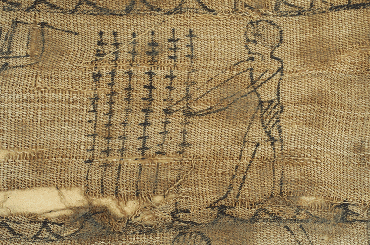 Depiction of the harvesting of flax in the Book of the Dead , from a linen mummy bandage (Ptolemaic Period, 305-30 BC).