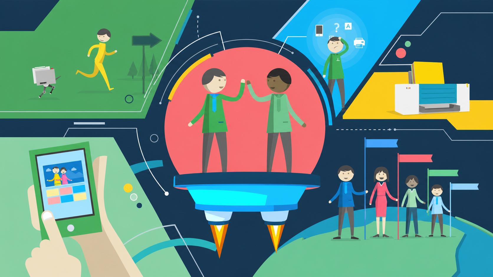 Mopria Alliance illustrated collage featuring two people high-fiving above connected mobile and printing scenes.